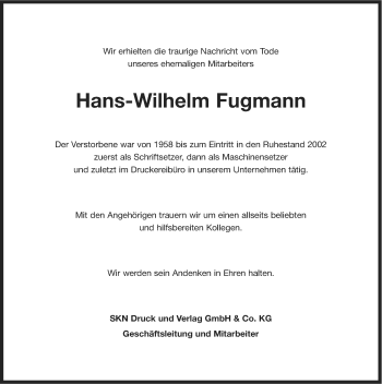 Traueranzeige von Hans-Wilhelm Fugmann von Ostfriesischer Kurier