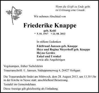 Traueranzeige von Friederike Knappe von Ostfriesischer Kurier