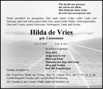 Traueranzeige von Hilda de Vries von Ostfriesischer Kurier