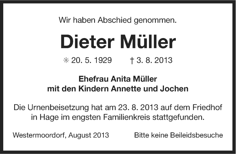  Traueranzeige für Dieter Müller vom 27.08.2013 aus Ostfriesischer Kurier