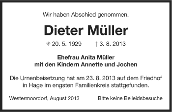 Traueranzeige von Dieter Müller von Ostfriesischer Kurier