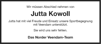 Traueranzeige von Jutta Kowoll von Ostfriesischer Kurier