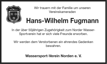 Traueranzeige von Hans-Wilhelm Fugmann von Ostfriesischer Kurier