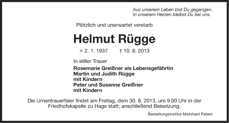  Traueranzeige für Helmut Rügge vom 28.08.2013 aus Ostfriesischer Kurier