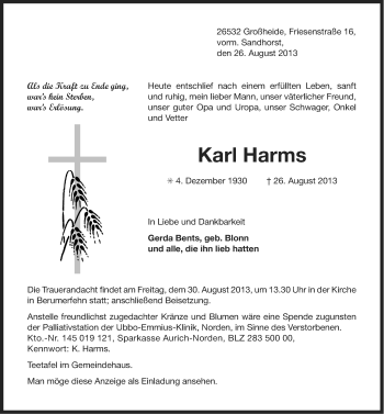 Traueranzeige von Karl Harms von Ostfriesischer Kurier