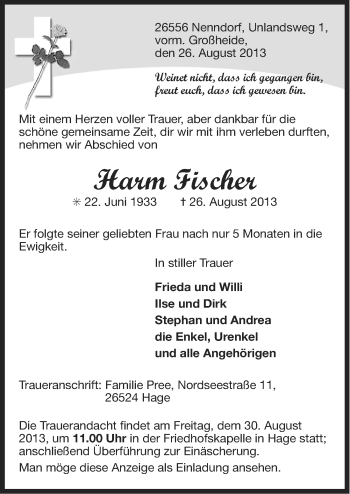 Traueranzeige von Harm Fischer von Ostfriesischer Kurier