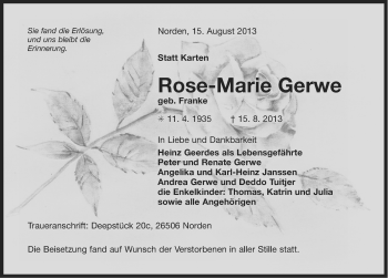 Traueranzeige von Rose-Marie Gerwe von Ostfriesischer Kurier