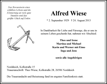 Traueranzeige von Alfred Wiese von Ostfriesischer Kurier