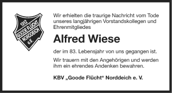 Traueranzeige von Alfred Wiese von Ostfriesischer Kurier