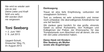 Traueranzeige von Toni Seeberg von Ostfriesischer Kurier
