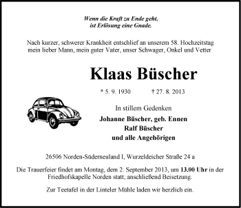 Traueranzeige von Klaas Büscher von Ostfriesischer Kurier