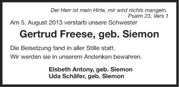 Traueranzeige von Gertrud Freese von Ostfriesischer Kurier