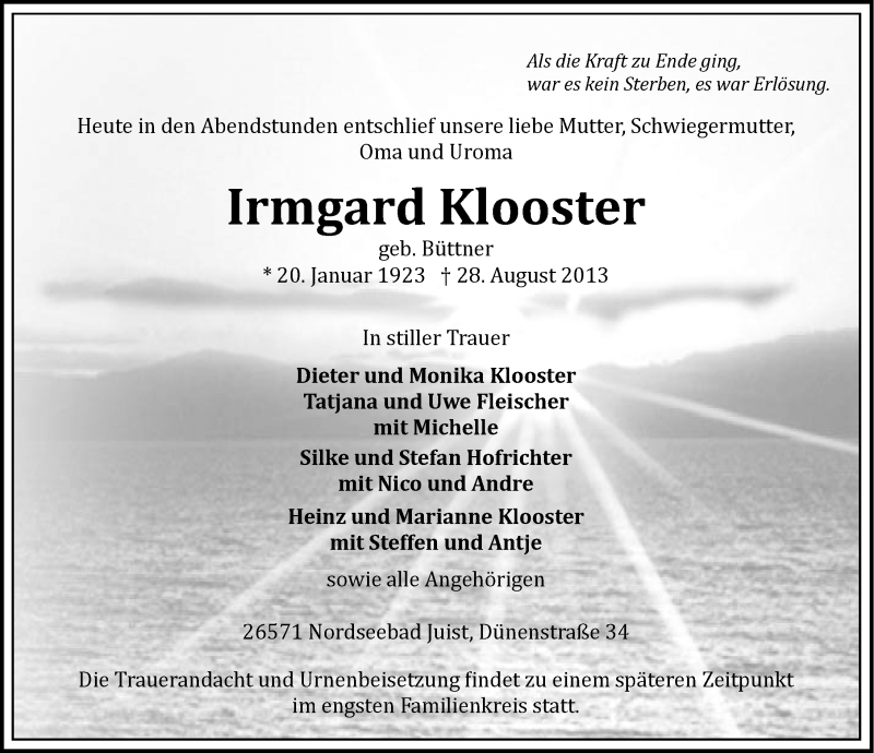  Traueranzeige für Irmgard Klooster vom 31.08.2013 aus Ostfriesischer Kurier