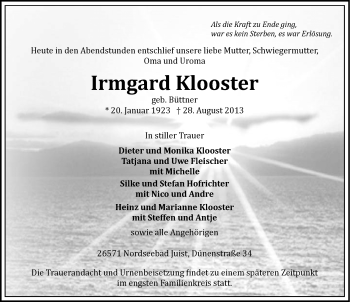 Traueranzeige von Irmgard Klooster von Ostfriesischer Kurier