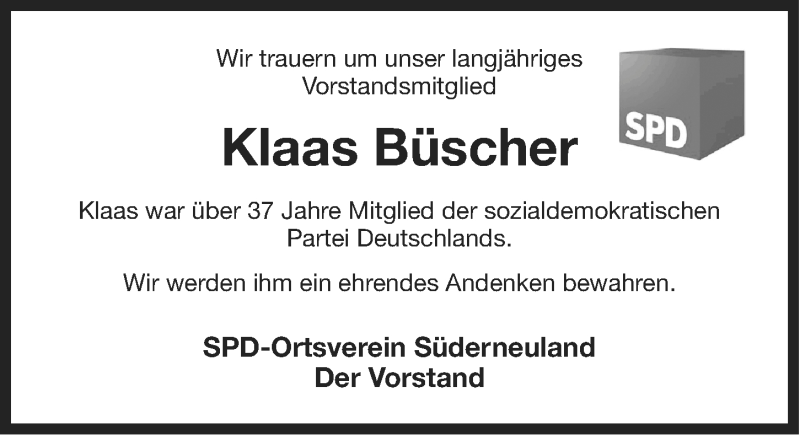  Traueranzeige für Klaas Büscher vom 04.09.2013 aus Ostfriesischer Kurier