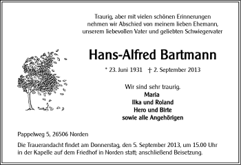 Traueranzeige von Hans-Alfred Bartmann von Ostfriesischer Kurier