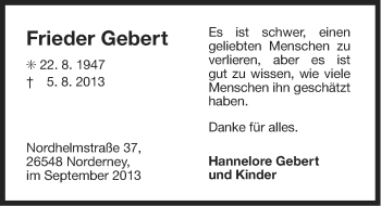 Traueranzeige von Frieder Gebert von Ostfriesischer Kurier