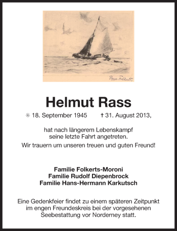Traueranzeige von Helmut Rass von Ostfriesischer Kurier