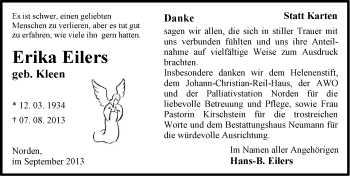 Traueranzeige von Erika Eilers von Ostfriesischer Kurier