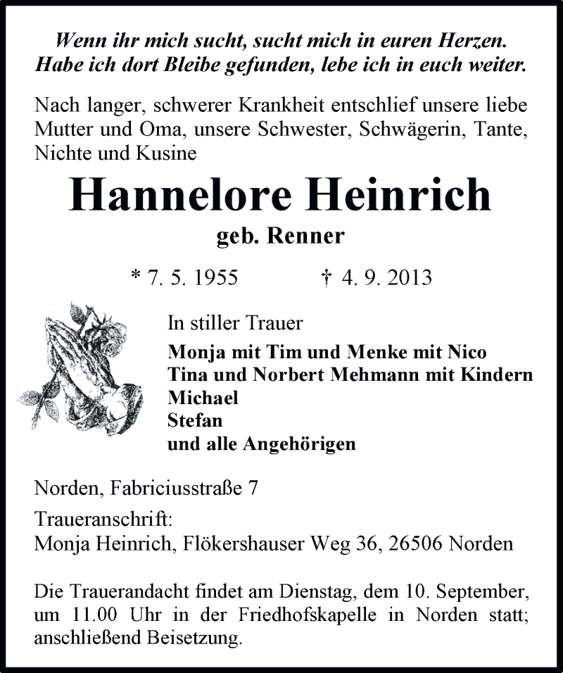 Traueranzeige für Hannelore Heinrich vom 06.09.2013 aus Ostfriesischer Kurier