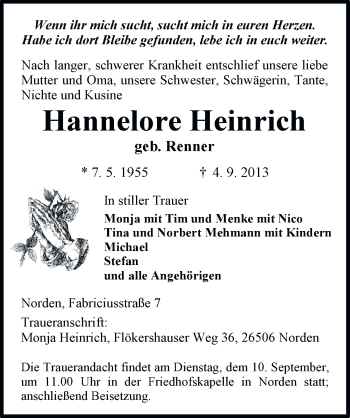 Traueranzeige von Hannelore Heinrich von Ostfriesischer Kurier