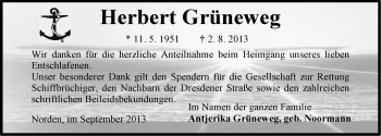 Traueranzeige von Herbert Grüneweg von Ostfriesischer Kurier