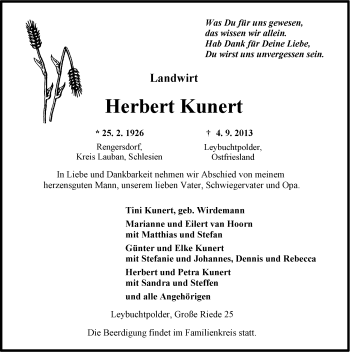 Traueranzeige von Herbert Kunert von Ostfriesischer Kurier