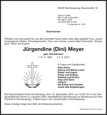 Traueranzeige von Jürgendine Meyer von Ostfriesischer Kurier