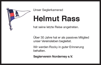 Traueranzeige von Helmut Rass von Ostfriesischer Kurier