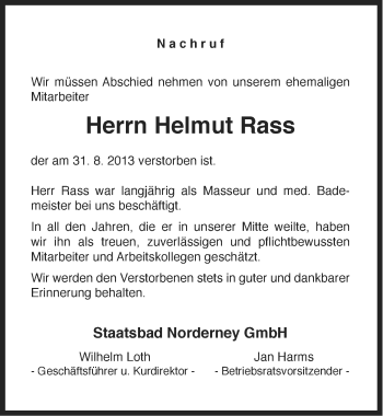 Traueranzeige von Helmut Rass von Ostfriesischer Kurier