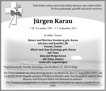 Traueranzeige von Jürgen Karau von Ostfriesischer Kurier