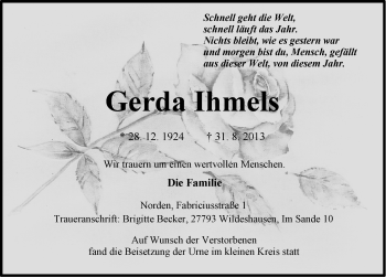 Traueranzeige von Gerda Ihmels von Ostfriesischer Kurier