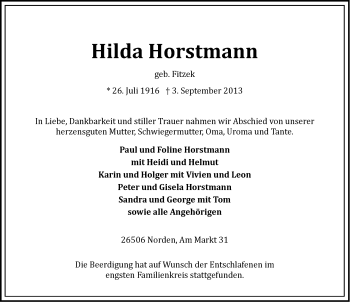 Traueranzeige von Hilda Horstmann von Ostfriesischer Kurier