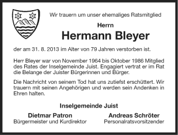 Traueranzeige von Hermann Bleyer von Ostfriesischer Kurier