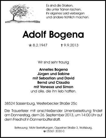 Traueranzeige von Adolf Bogena von Ostfriesischer Kurier