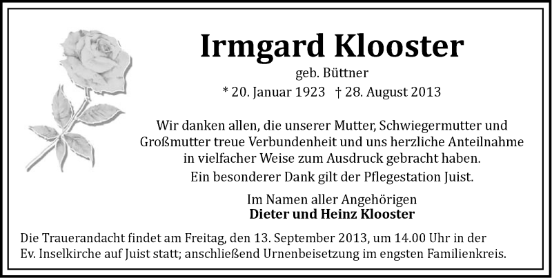  Traueranzeige für Irmgard Klooster vom 11.09.2013 aus Ostfriesischer Kurier
