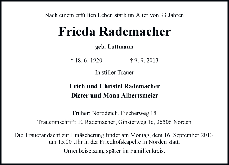  Traueranzeige für Frieda Rademacher vom 12.09.2013 aus Ostfriesischer Kurier