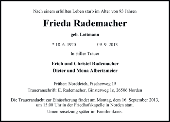 Traueranzeige von Frieda Rademacher von Ostfriesischer Kurier