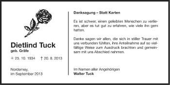 Traueranzeige von Dietlind Tuck von Ostfriesischer Kurier