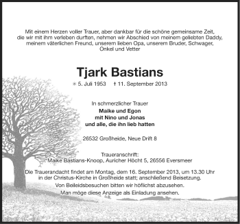 Traueranzeige von Tjark Bastians von Ostfriesischer Kurier