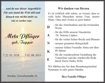Traueranzeige von Meta Pflüger von Ostfriesischer Kurier