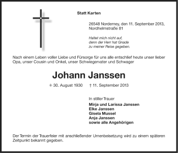 Traueranzeige von Johann Janssen von Ostfriesischer Kurier