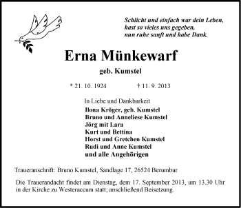 Traueranzeige von Erna Münkewarf von Ostfriesischer Kurier