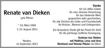 Traueranzeige von Renate van Dieken von Ostfriesischer Kurier