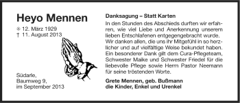 Traueranzeige von Heyo Mennen von Ostfriesischer Kurier