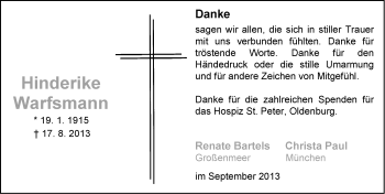 Traueranzeige von Hinderike Warfsmann von Ostfriesischer Kurier