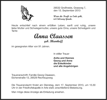 Traueranzeige von Anna Claassen von Ostfriesischer Kurier