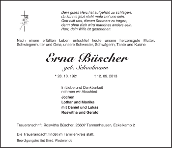 Traueranzeige von Erna Büscher von Ostfriesischer Kurier