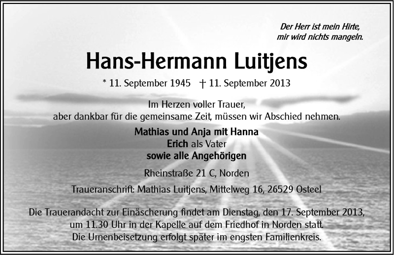  Traueranzeige für Hans-Hermann Luitjens vom 14.09.2013 aus Ostfriesischer Kurier