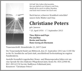 Traueranzeige von Christiane Peters von Ostfriesischer Kurier